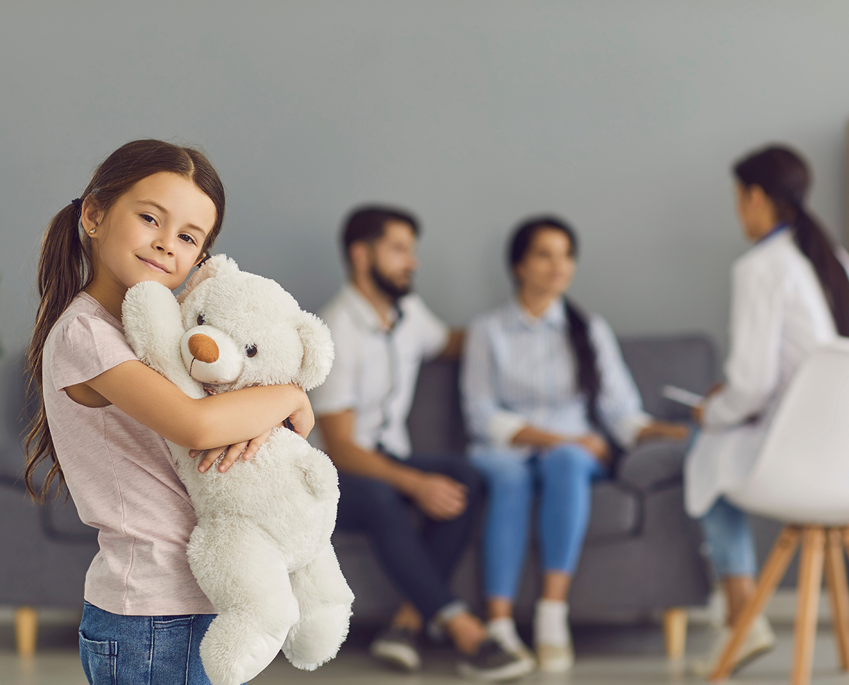 Child,Girl,With,Toy,Bear,In,Doctor,Office.,Healthy,And